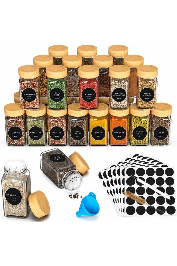 Spice Jars with Labels 24-Piece, 4oz Glass Seasoning Containers with Bamboo Lids, Pre-Printed Herb & Spice Stickers for Cinnamon, Nutmeg, Cumin, Thyme, Rosemary & More
