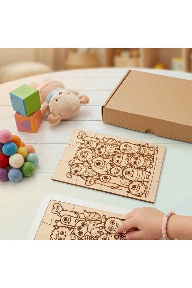 Wooden Paintable Children's Puzzle - Educational Wooden Puzzle with Monster Figures