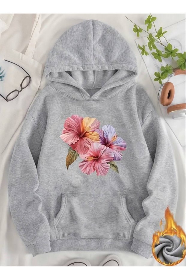 Women's Pink Floral Printed Hooded Sweatshirt