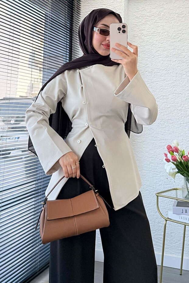 Premium Side Buttoned Back Tie Blouse - Beige