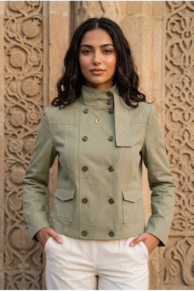 Women's Gabardine Stand Collar Double Button Short Jacket - Slim Fit Double-Breasted Jacket