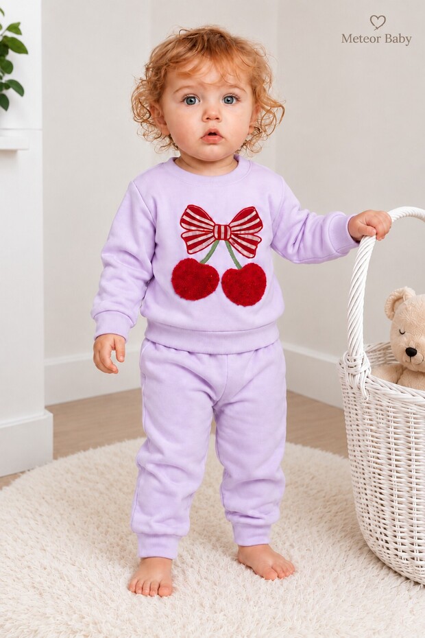 Baby Girl 2-Piece Set with Cherry Embroidery and Bow Detail, 2-Piece Top and Bottom Set, Seasonal