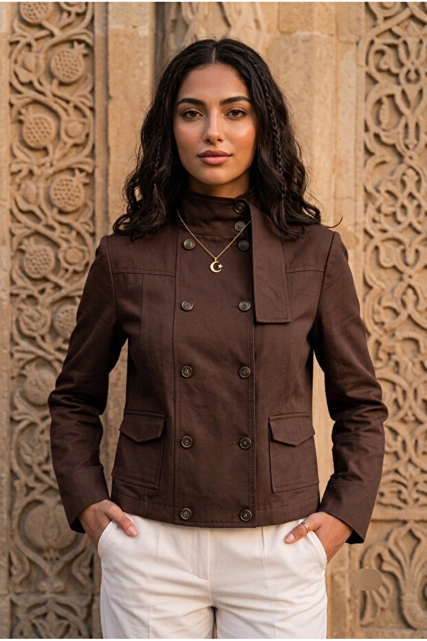 Women's Gabardine Stand Collar Double Button Short Jacket - Slim Fit Double-Breasted Jacket