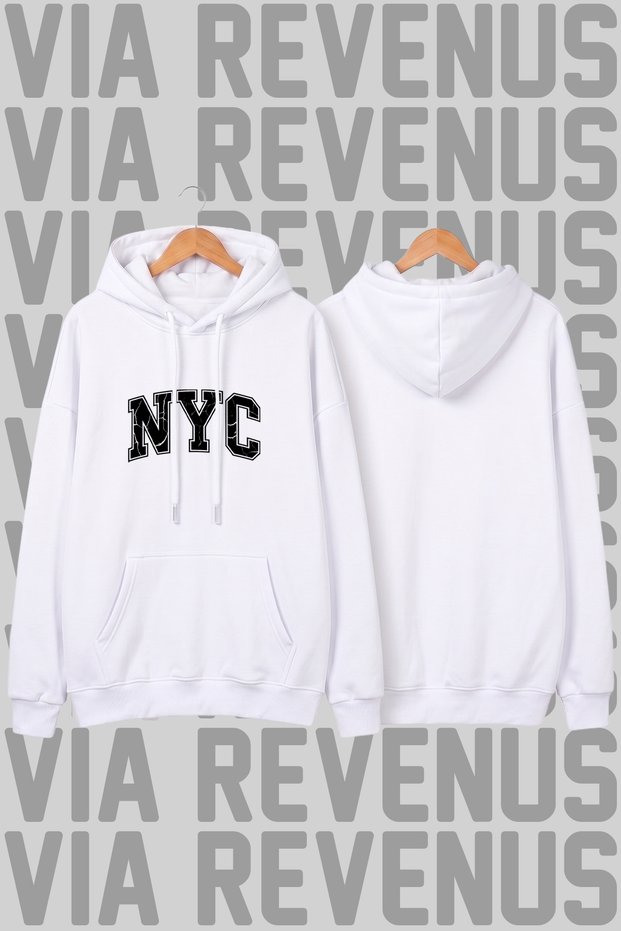 Nyc Printed Wide Fit Hoodie - 3 Thread Fleece Hood Lining with Rope Detail