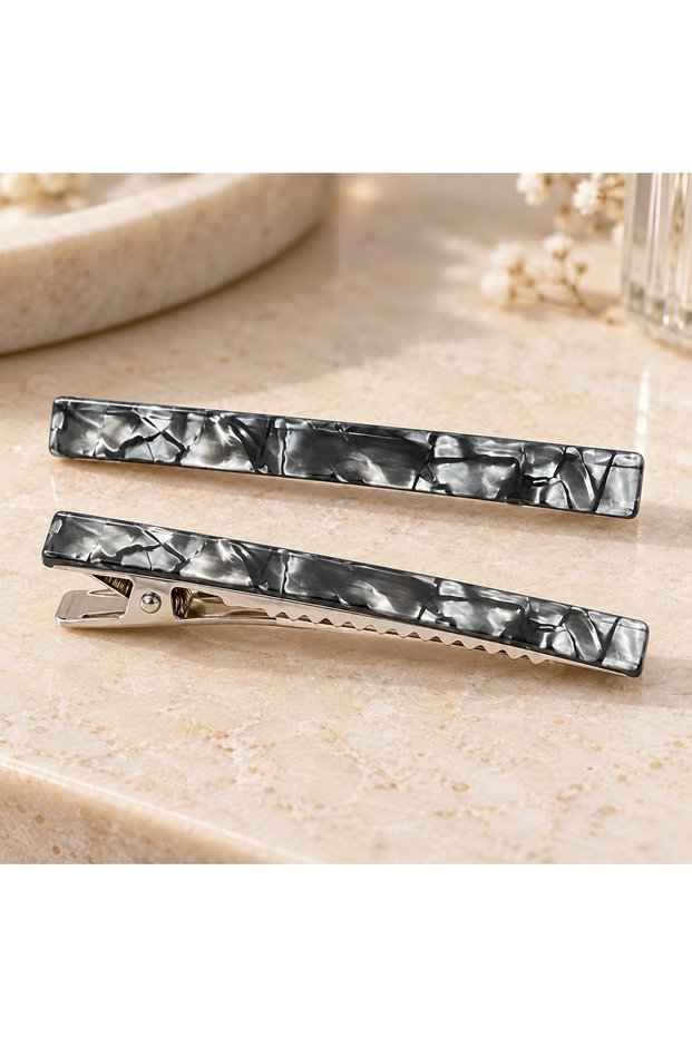 Set of 2 Black and Gray Marble Patterned Hair Clips – Thin and Long-Styled Hair Clip Set - 9 cm