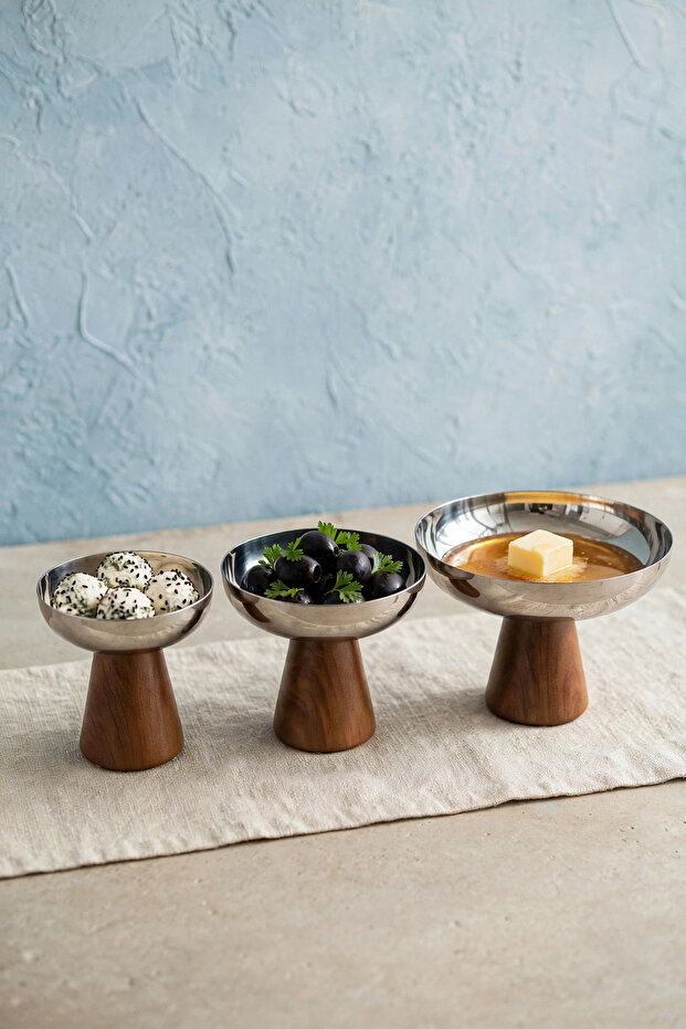 3-Piece Julia Acacia Wooden Leg Stainless Steel Breakfast Ice Cream Presentation Bowl Serving Set