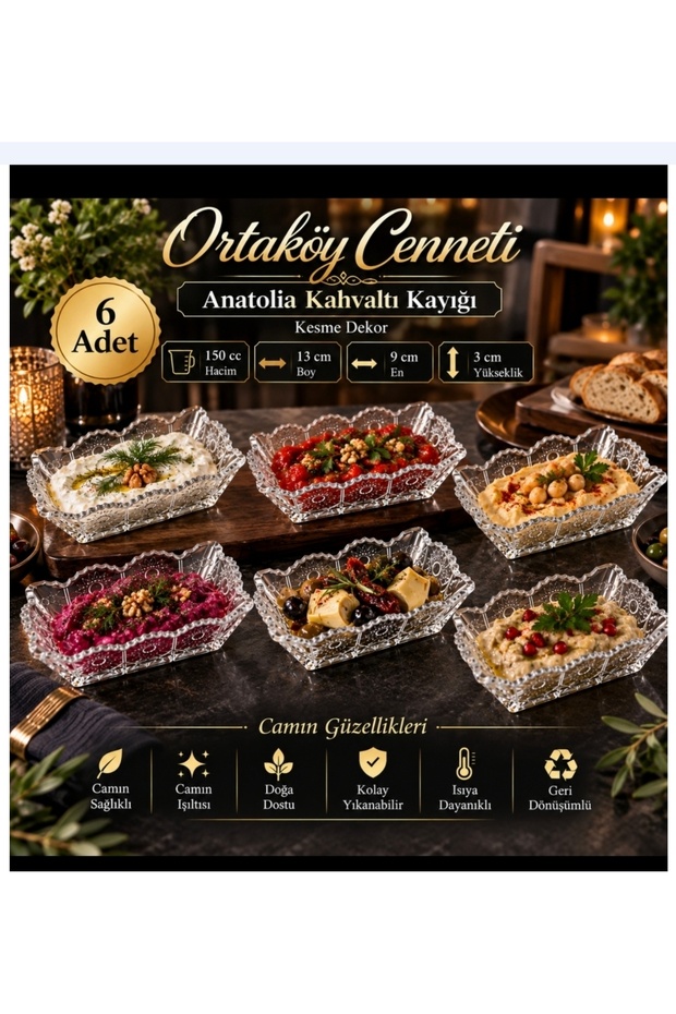 6 Pieces of Anatolian Mezze Plate with Cut-Out Decoration, Sparkling and High-Quality, Suitable for Presentation, 150 Cc Volume, 13 cm Length, 9 cm Width, 3 cm Height.