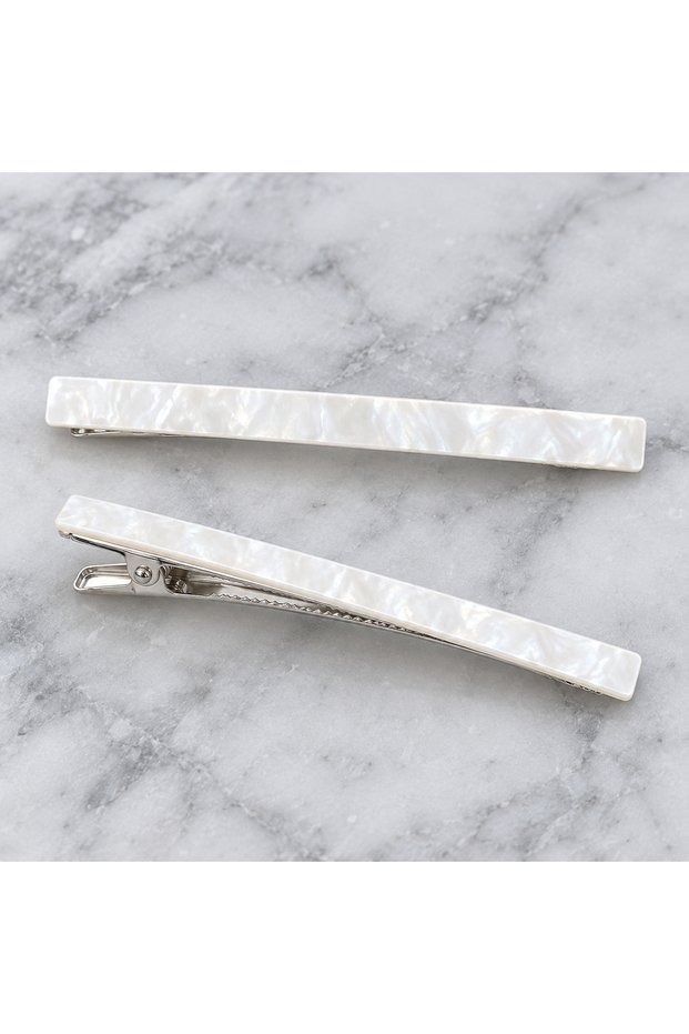 Set of 2 White Patterned Thin Long Hair Clips - Thin Long-Looking Hair Clip Set - 9 cm