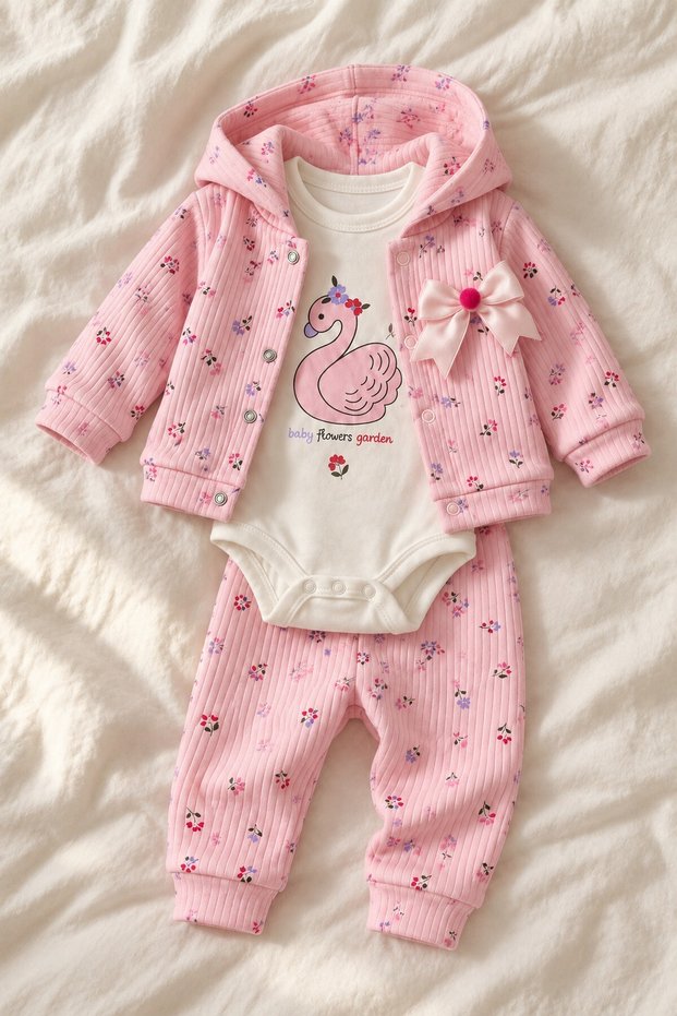 Baby Girl Set with Swan Print, Floral Pattern, Bow, 3-Piece Top and Bottom Set with Bodysuit