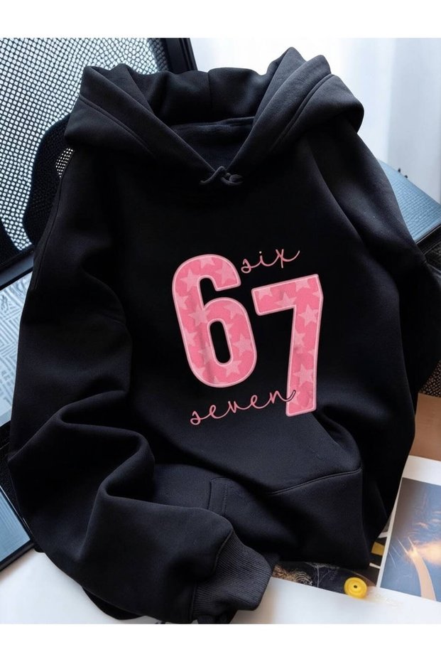 Women's 67 Six-Seven Pink Visual Printed Hooded Sweatshirt