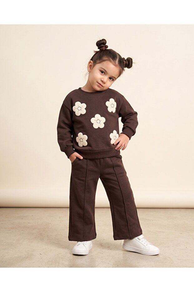 Girl Child 2-3-4-5-6 Years Old Winter 3 Threaded Daisy Embroidered Brown 2-Piece Stylish Set