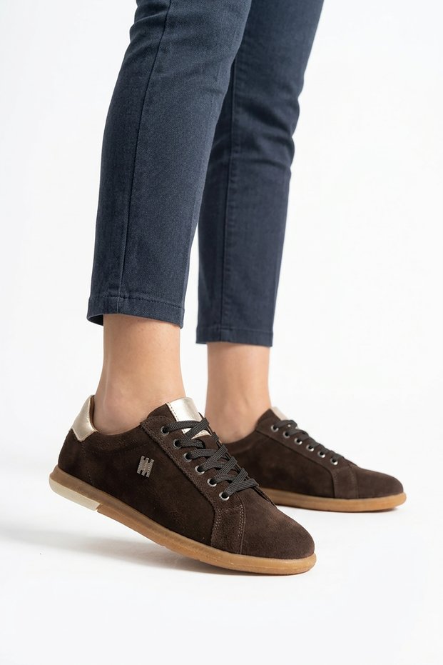 Moter side buckle detail colorful genuine leather women's sneakers - coffee suede