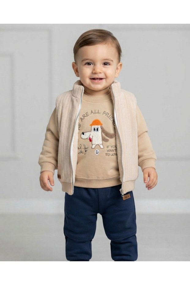 Baby Boy Winter 3-Strand Hooded 9-12-18-24-36 Months Stylish 3-Piece Set with Dog Detail Vest