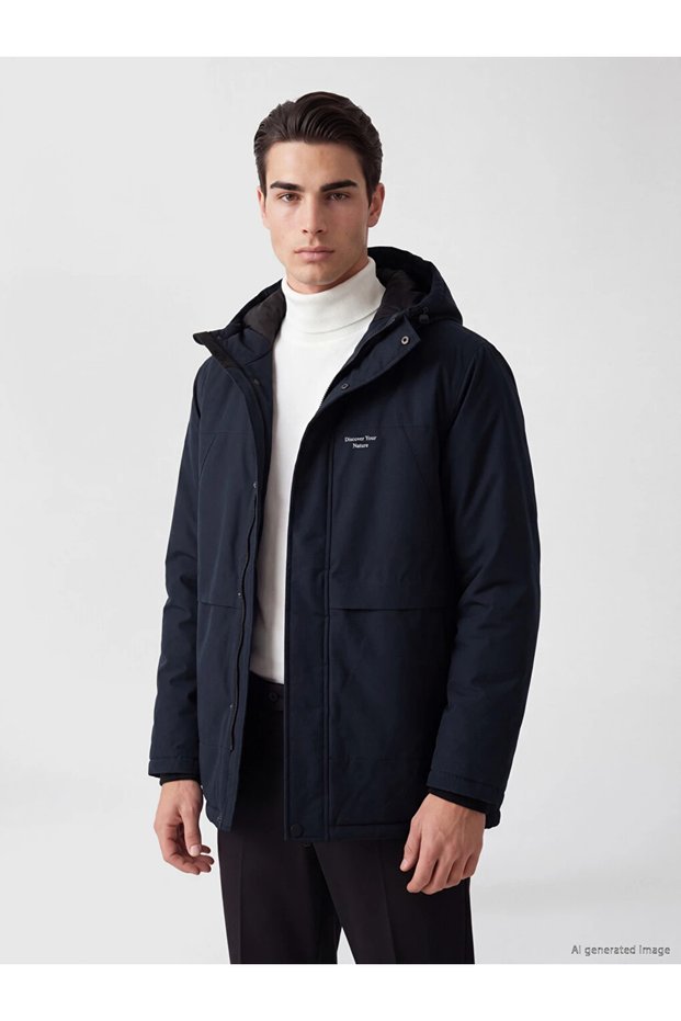 Navy Blue Regular Fit Hooded Men's Puffer Jacket