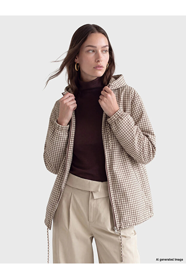 Brown Hooded Plaid Women's Raincoat