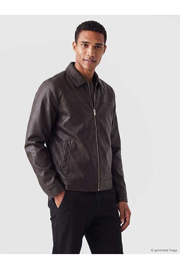 Brown Regular Fit Men's Leather Look Coat