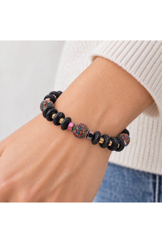 Black Beaded Colorful Detailed Bracelet – Stylish Daily Accessory with Gold Spacers