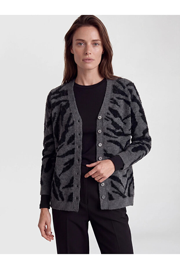 Black Leopard Patterned Women's Knitwear Cardigan
