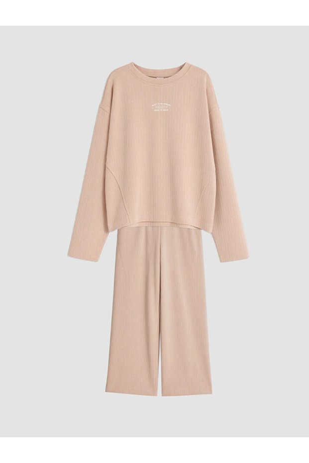 Beige Printed Girls' Soft Touch Tracksuit Set