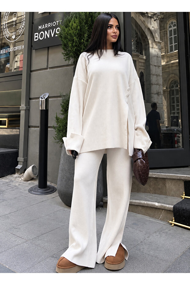 Women's Button Detailed Tunic Sweater and Trousers Knitwear Set