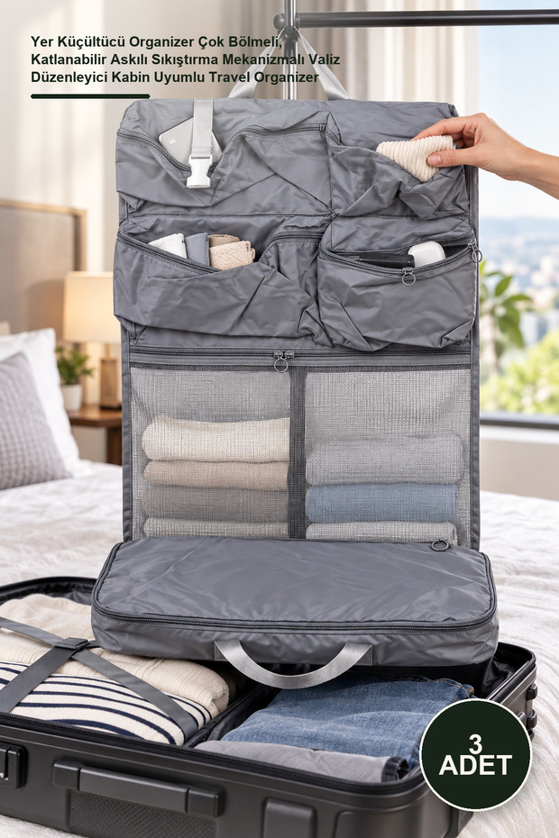 3-Piece Travel Bag – Space-Saving Organizer with Multiple Compartments, Foldable Strap, Compression Mechanism, Suitcase Organizer, Cabin-Compliant Travel Organizer