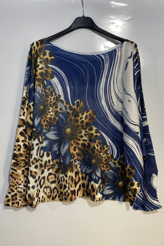 Women's Italian Multi-Colored Patterned Printed Long Sleeve Mercerized Blouse Sweater
