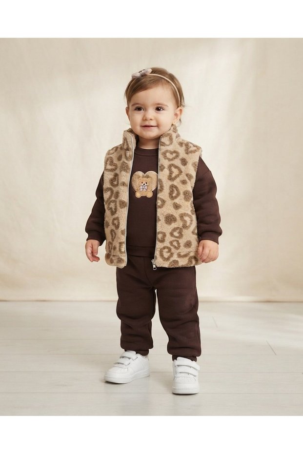 Girl's Winter 3-Strand Ruffled 9-12-18-24-36 Months Heart Detailed Welsoft Vest 3-Piece Stylish Bottom and Top Set