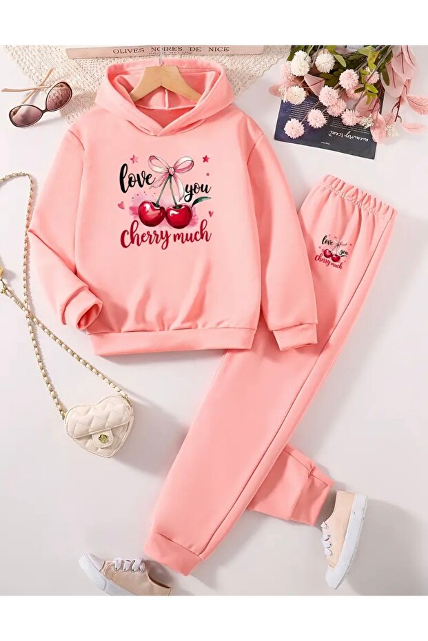Hooded Cherry Much Printed 100% Cotton 3 Yarn Yarned Girls' Winter Sweat Suit