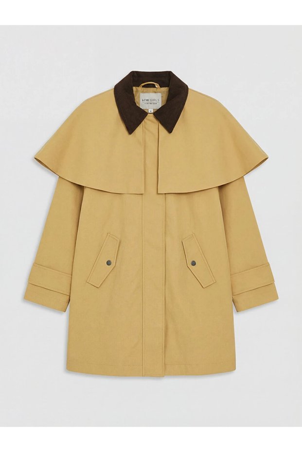 Beige Cape Detailed Velvet Collar Girls' Trench Coat