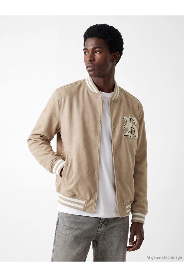 Beige Regular Fit Suede Men's College Jacket