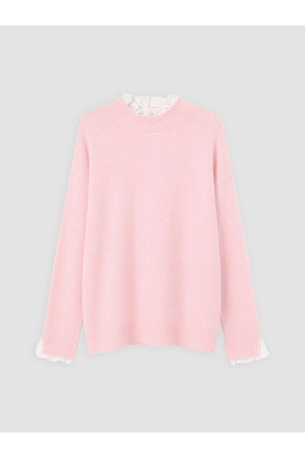 Pink Stand Collar Lace Detailed Women's Knitwear Sweater