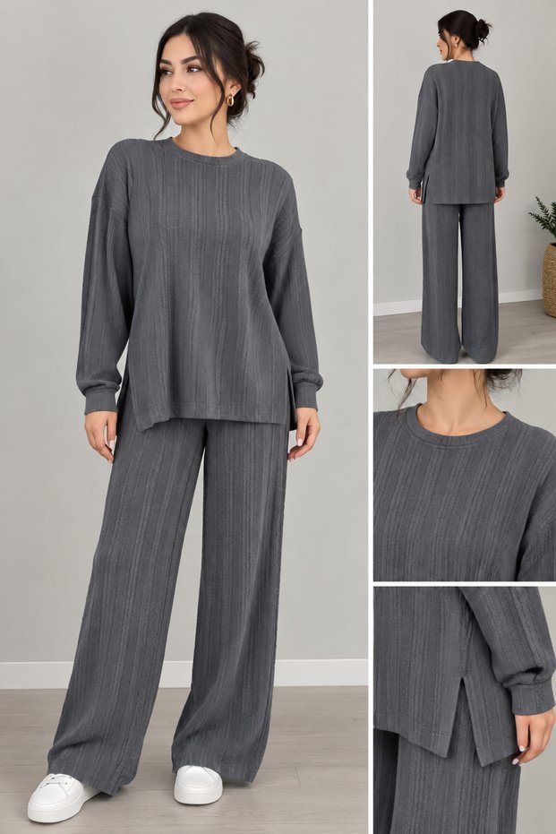 Patterned Interlock Fabric Women's Two-Piece Set – Comfortable Fit with Six Pockets and Slits, Casual Set