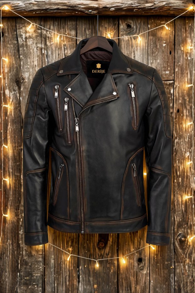 Lucas Genuine Leather Biker Style Vintage Men's Biker Coat