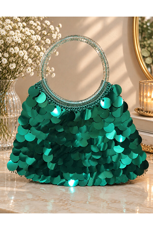 Green Sequin Bag with Transparent Glitter Handle