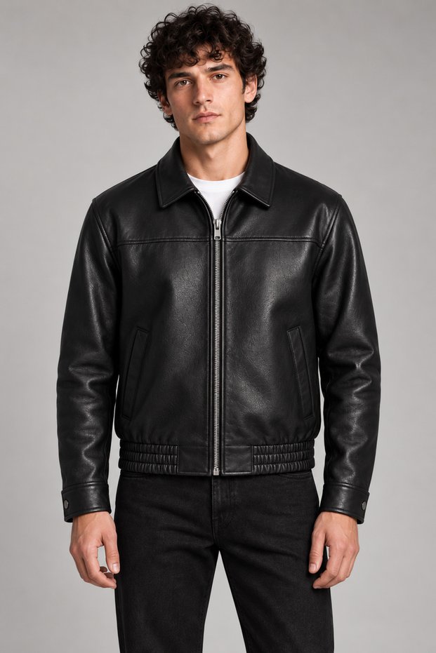 Men's Black, Polo Collar, Elastic Waist, Lined, Comfortable Fit, Leather Jacket