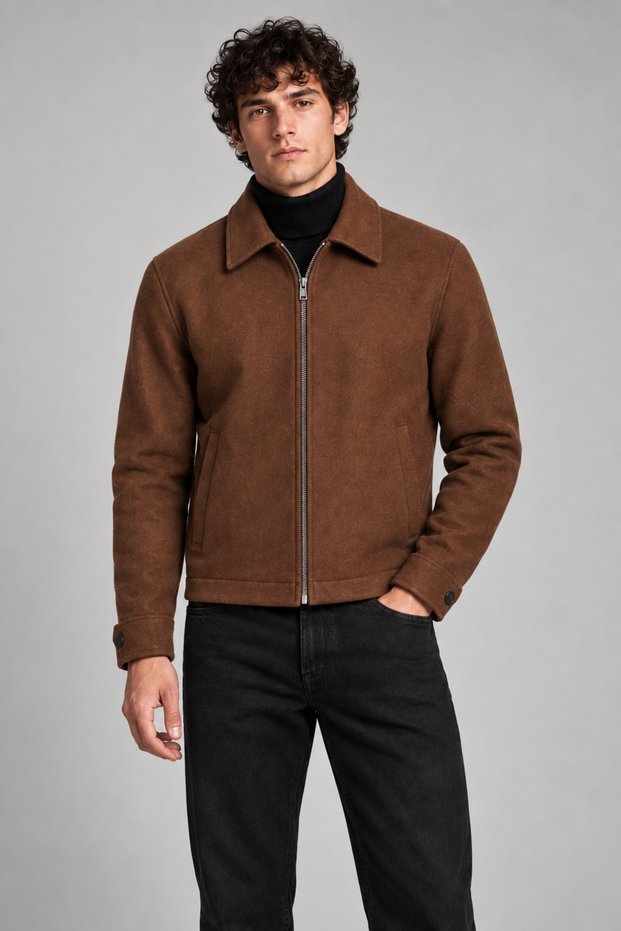Men's Brown, Classic Collar Zippered Lined Cashmere Jacket – Regular Fit Short Cut Winter Cashmere Jacket