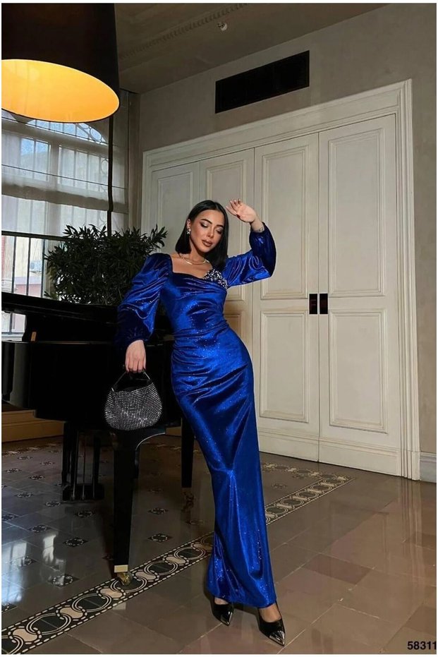 Velvet Detailed Strapless Evening Dress Stone Fabric Dress