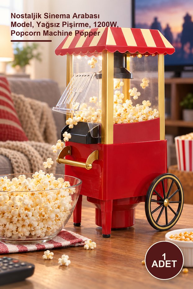 1 Piece Popcorn Maker – Nostalgic Cinema Cart Model, Oil-Free Cooking, 1200W, Popcorn Machine Popper
