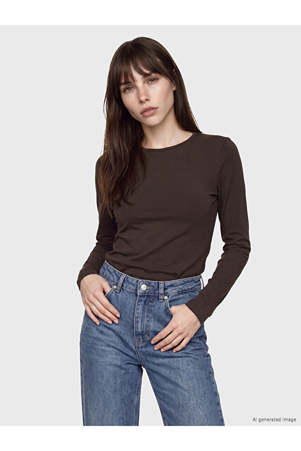 Two Mt Shop Quality Lcw Everyday Brown Combed Cotton Plain Narrow & Slim Long Sleeve Women's Bodysuit
