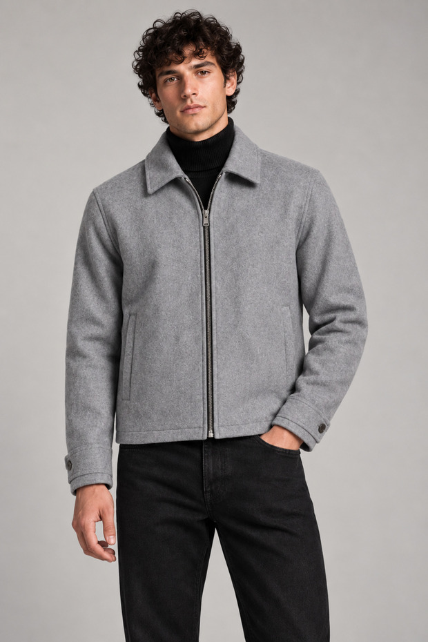 Men's Gray, Classic Collar Zippered Lined Cashmere Jacket – Regular Fit Short Cut Winter Cashmere Jacket