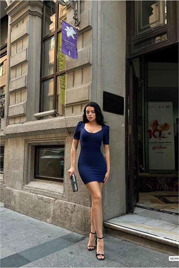 Square Collar Mini Dress with Balloon Sleeves