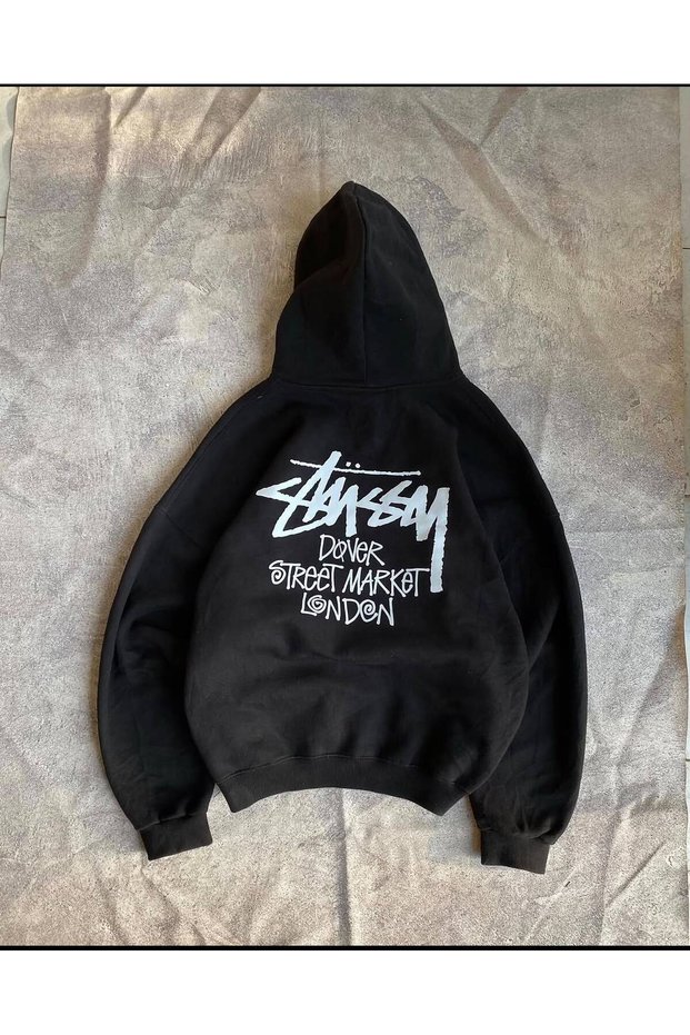Black Unisex Oversize 3 Thread Raster Printed Hooded Sweatshirt with Kangaroo Pocket and "Slogan Written" Print