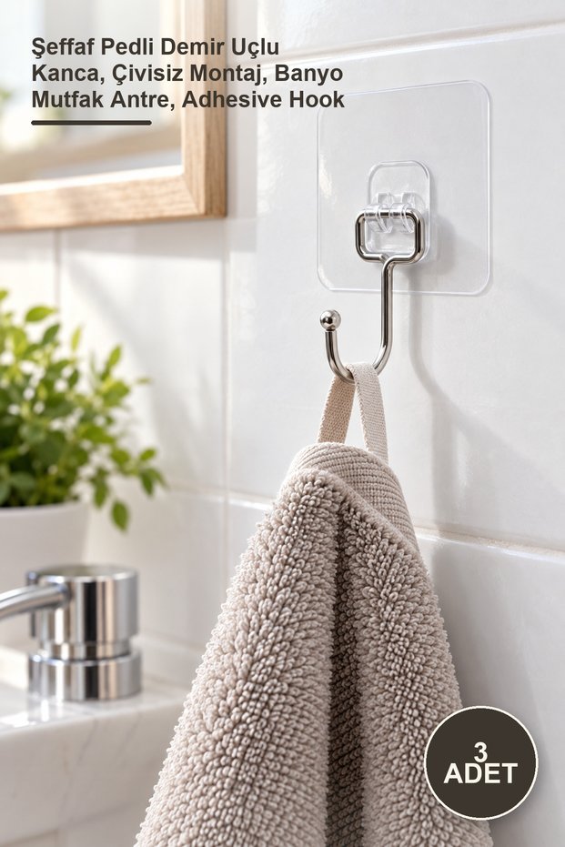 3 Pieces of Adhesive Single Hangers – Iron-End Hooks with Transparent Pads, Nail-Free Installation, Bathroom Kitchen Entrance, Adhesive Hook