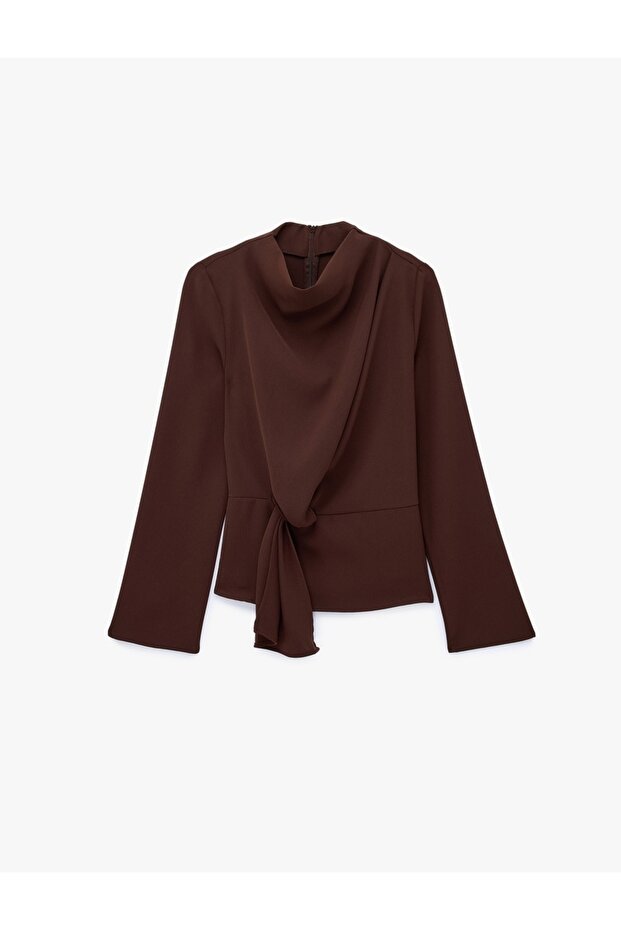 Asymmetrical Tie Detail Long Sleeve High Neck Crepe Blouse