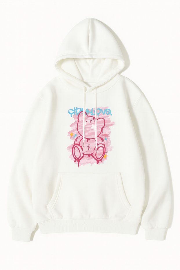 Unisex Oversize 3 Thread Raster Printed Hooded Sweatshirt with Kangaroo Pocket and Adjustable Drawstring "Bear Figure and Slogan Text"