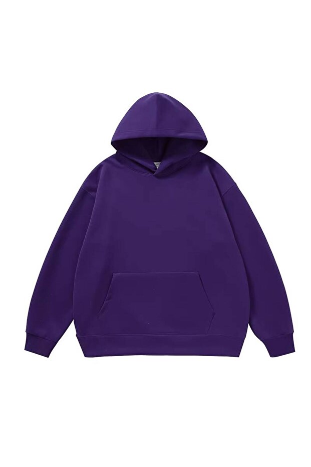 Unisex Oversize 3 Thread Raster Plain Design Hooded Sweatshirt with Kangaroo Pocket
