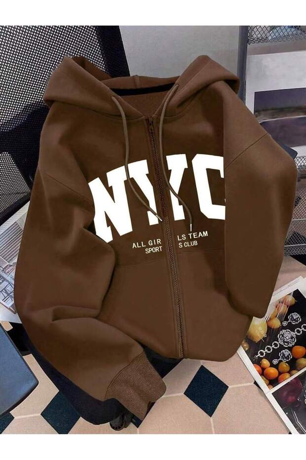 3 Thread Brown Nyc Girls Team Zippered Winter Cardigan - Printed Oversize Hooded Jacket