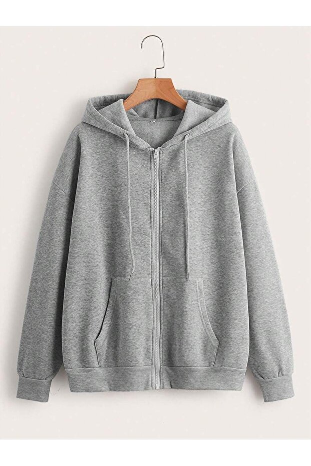 3 Thread Gray Basic Plain Zippered Winter Cardigan - Oversize Embossed Hooded