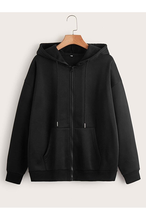3 Thread Black Basic Plain Zippered Winter Cardigan - Oversize Embroidered Hooded