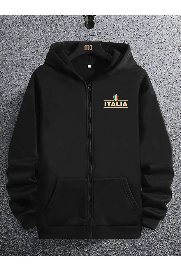 3 Thread Black Italian Text Zippered Winter Cardigan - Printed Oversize Hooded Jacket